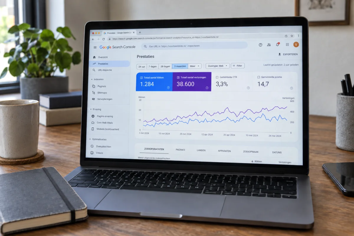 Laptop op een houten bureau met een fictief prestatieoverzicht in Google Search Console.