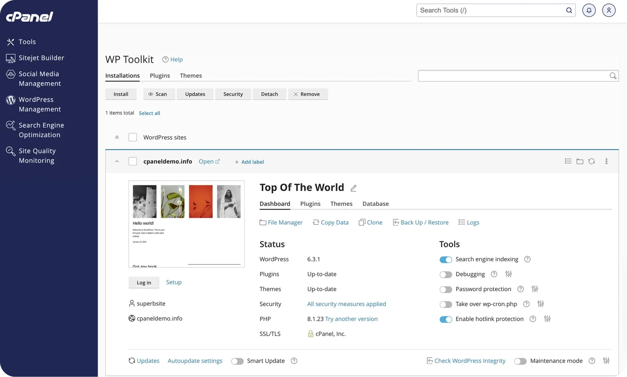 Officiële WordPress-screenshot van cPanel