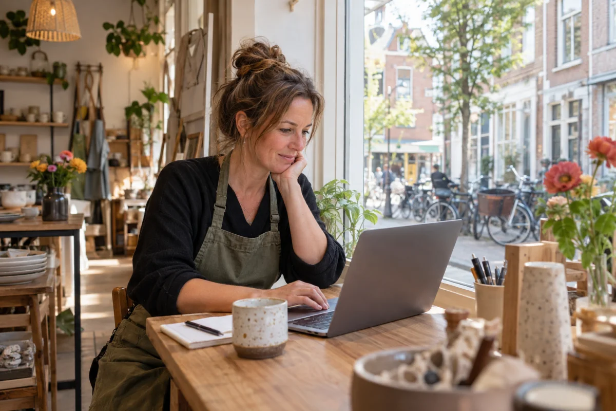 Ondernemer werkt op een laptop in haar zaak, met een Nederlandse winkelstraat op de achtergrond.