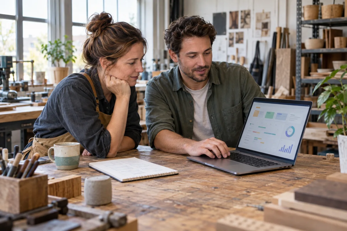 Ondernemer en ontwikkelaar bespreken samen een digitale bedrijfsoplossing op een laptop.