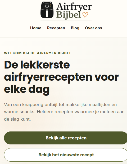 Volledige mobiele weergave van de homepage van Airfryer Bijbel