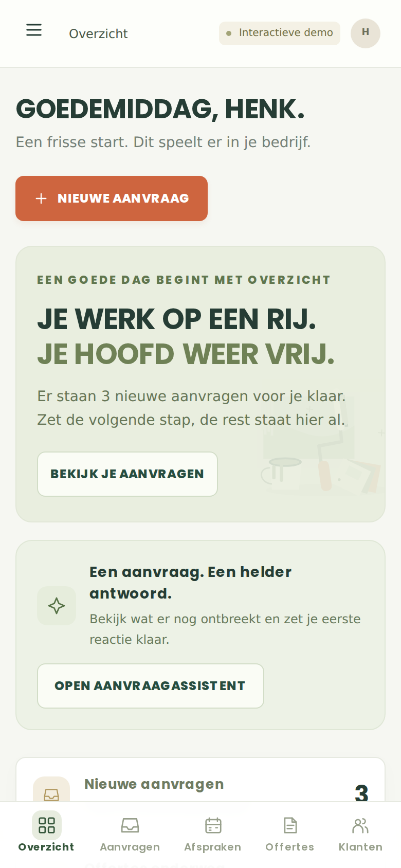 Mobiele weergave van de klantflowdemo voor een fictief schildersbedrijf