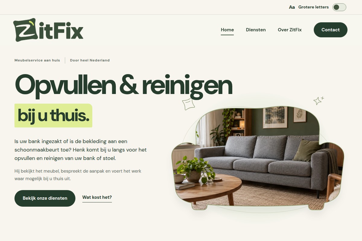 Homepage van ZitFix met de groene huisstijl en een foto in de vorm van een sofa