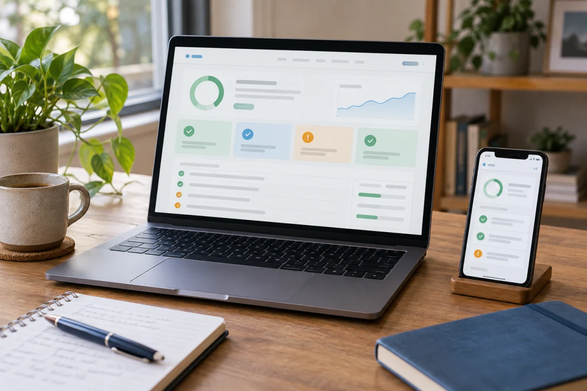 Laptop en smartphone op een bureau met een fictief websitegezondheidsoverzicht.