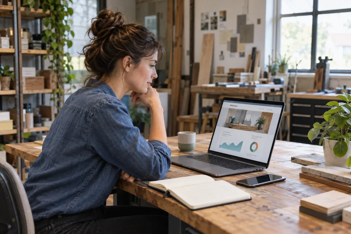 Ondernemer bekijkt de prestaties van haar bedrijfswebsite op een laptop.