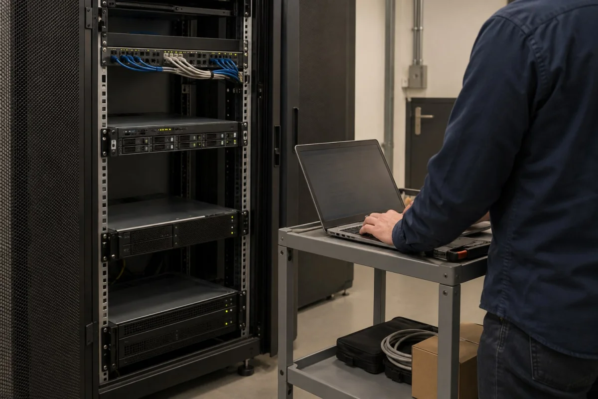 Technicus controleert een serveromgeving met een laptop naast een serverkast.