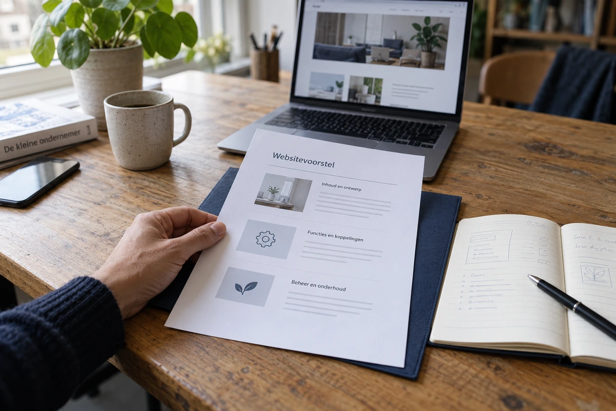 Een hand houdt een websitevoorstel vast op een houten bureau, met een laptop en een open notitieboek ernaast.
