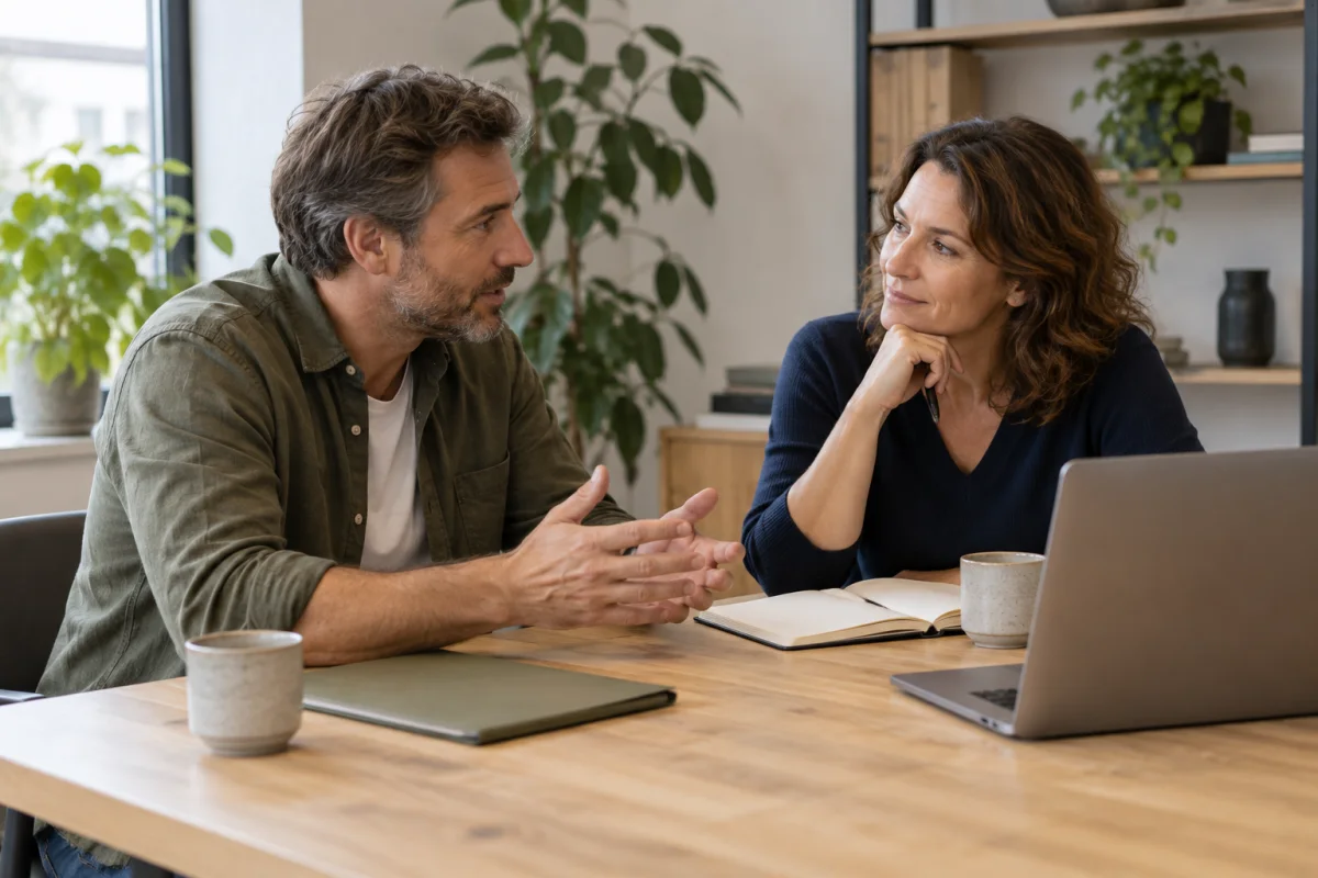 Gegenereerde illustratie van een ondernemer en webbouwer die een overstap bespreken aan een houten werktafel met laptop en notitieboek.