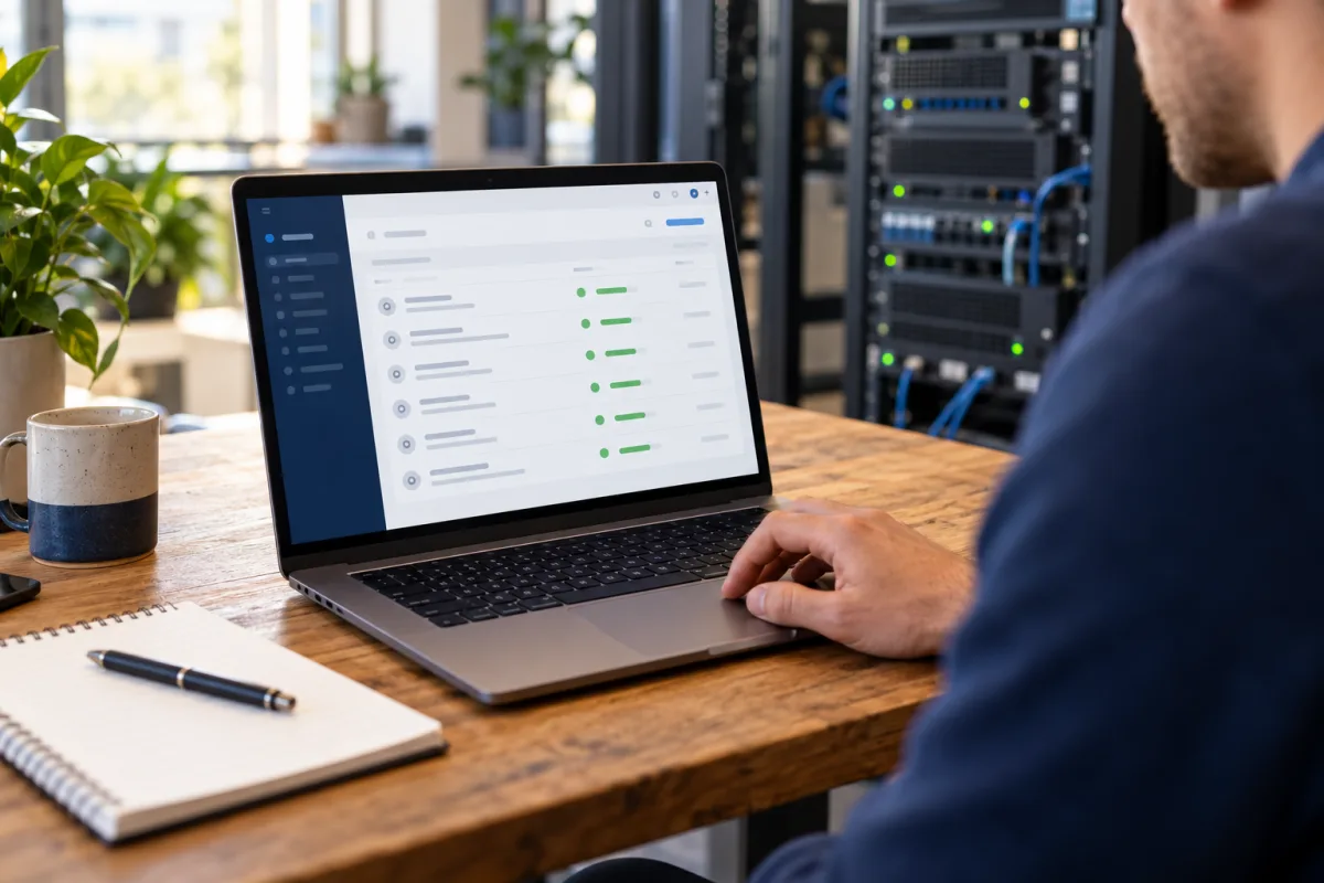 Een technicus controleert websiteonderhoud op een laptop, met een serverkast op de achtergrond.
