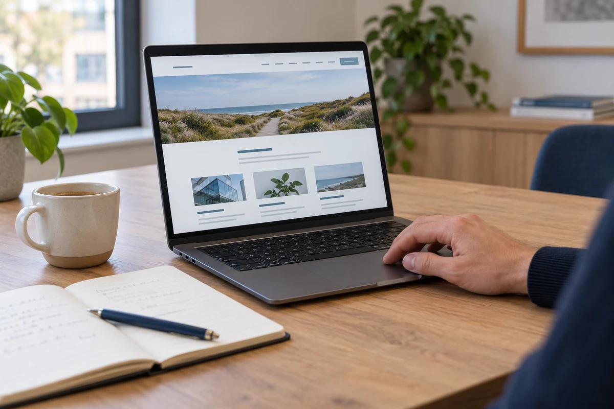 Hand op het touchpad van een laptop met een website op het scherm, naast een open notitieboek op een houten bureau.